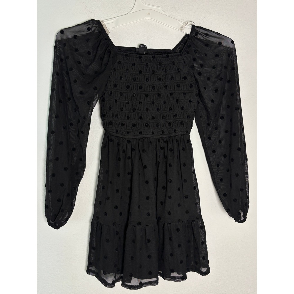 Art Class‎ Girls Black Polka Dot Smocked Mesh Long Sleeve Dress Size S 6/7